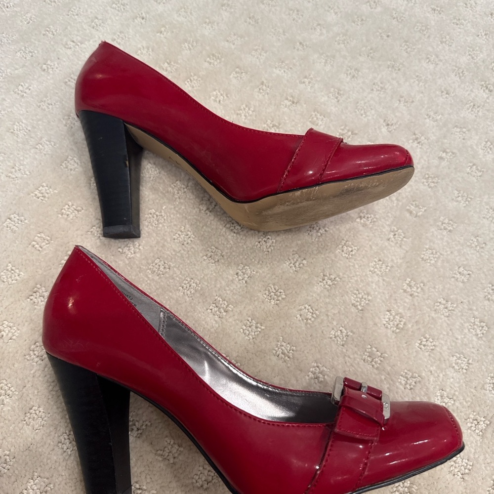 Anne Klein Red Patent Leather Buckle Pumps | Square Toe - Picture 5 of 9